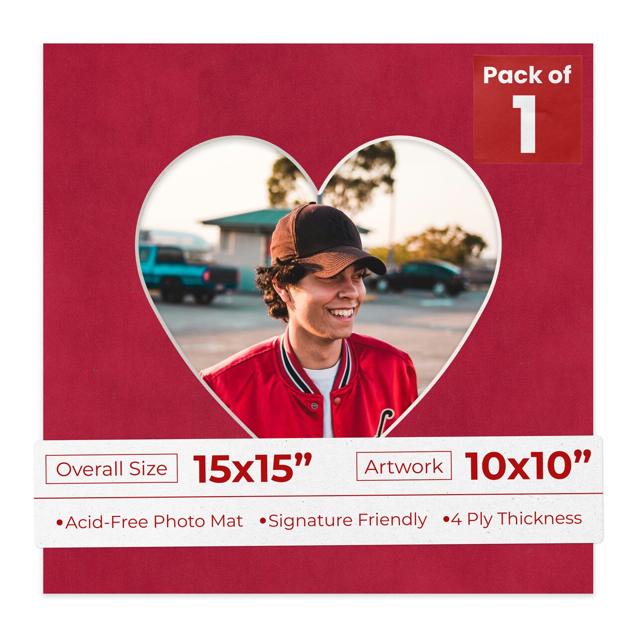 Red Suede Mat Board for 15x15 Frames - Heart Opening for 10x10 Photos